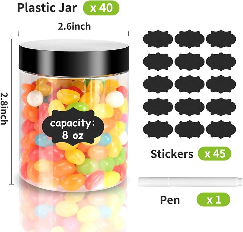 Gencywe 40 Pack Plastic Jars with Lids, 8 oz Clear Slime Cosmetics Containers with Pen and Labels, Leakproof Storage Jars, PET Empty Jars with Black Lids for Kitchen Cookie Candy Spices Dry Food Cream - Image 2